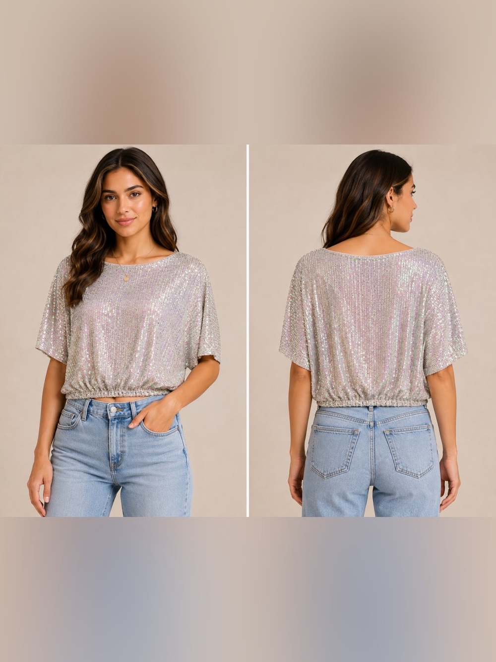 Sugar Fox Iridescent Sequin Dolman Sleeve Party Top Silver Pink L